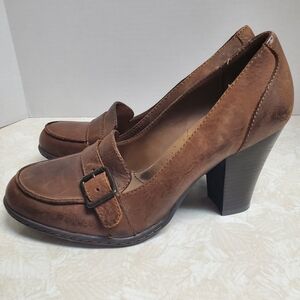 Born Brown Leather Block Heel Loafers